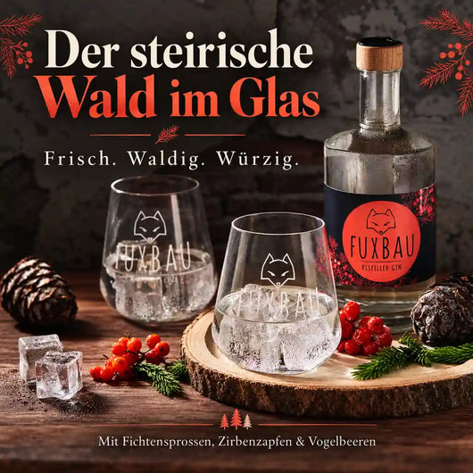Fuxbau Distilled Gin mit Fichtensprossen, Zirbenzapfen und Vogelbeeren – steirischer Gin mit waldig-würzigem Charakter