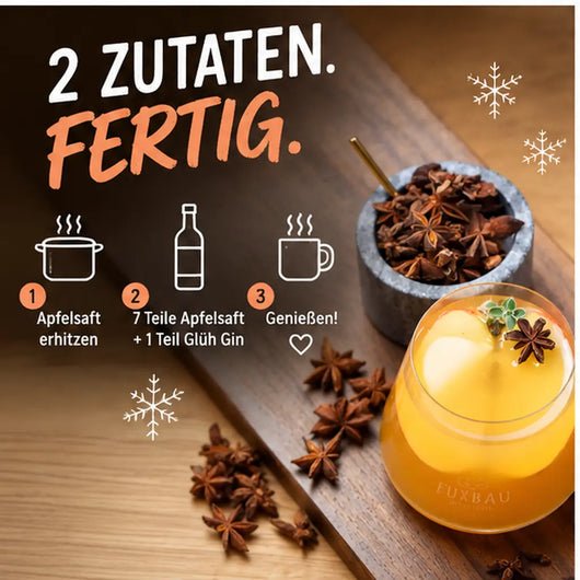 Glüh Gin einfach zubereiten mit heißem Apfelsaft und Fuxbau Glüh Gin im Verhältnis 7 zu 1