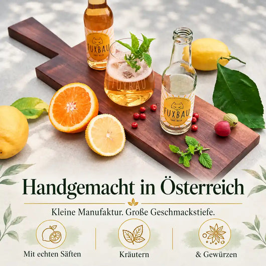 Handgemachtes FUXBAU Tonic Water aus Österreich mit echten Säften, Kräutern und Gewürzen.