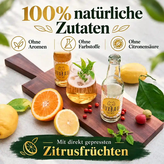 FUXBAU Tonic Water mit natürlichen Zutaten, Zitrusfrüchten, Kräutern und Gewürzen – ohne Aromen, Farbstoffe und Citronensäure.