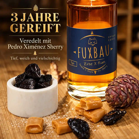 Fuxbau Zirbe X Rum, drei Jahre gereift und mit Pedro Ximénez Sherry veredelt