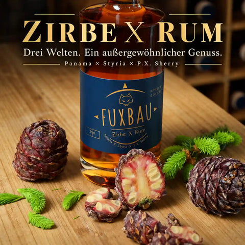 Fuxbau Zirbe X Rum als außergewöhnliche Kombination aus Rum, Zirbe und Sherry
