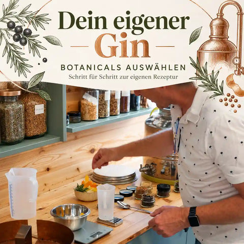 Auswahl und Abwiegen aromatischer Kräuter, Gewürze und Botanicals für die gemeinsame Gin-Herstellung beim Fuxbau Gin Workshop in Eugendorf bei Salzburg.