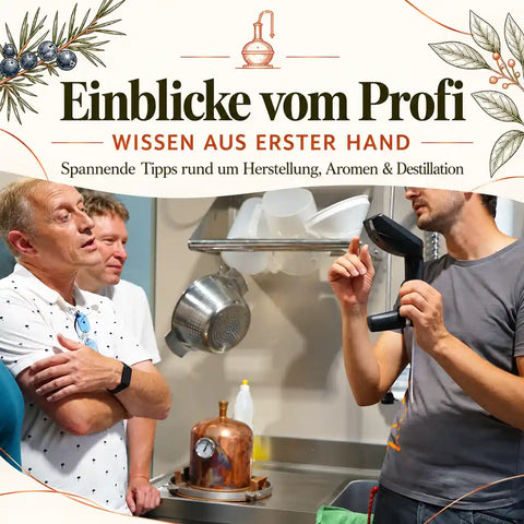 Gin Workshop bei Fuxbau in der Oststeiermark: Teilnehmer erhalten fachliche Einblicke in die Gin-Herstellung, Aromen und Destillation.