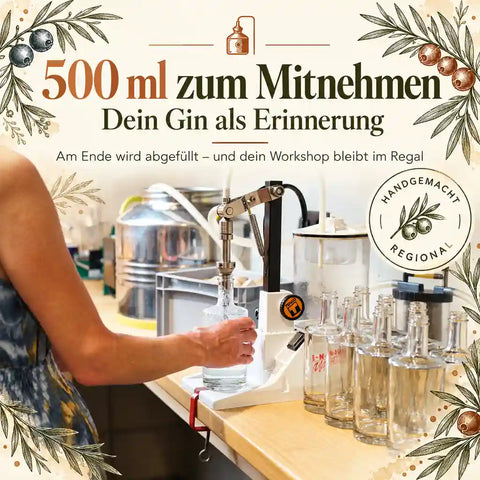 Abfüllung des selbst hergestellten Gins beim Fuxbau Gin Workshop in der Steiermark. Jeder Teilnehmer erhält 500 ml Gin zum Mitnehmen.
