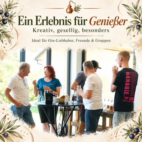 Gemeinsames Gin-Erlebnis bei Fuxbau in der Steiermark: Teilnehmer unterhalten sich bei einer Spirituosenverkostung während des Gin Workshops.