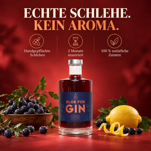 Fuxbau Sloe Fox Schlehen Gin mit natürlichen Zutaten, handgepflückten Schlehen und langer Mazeration in Österreich hergestellt.