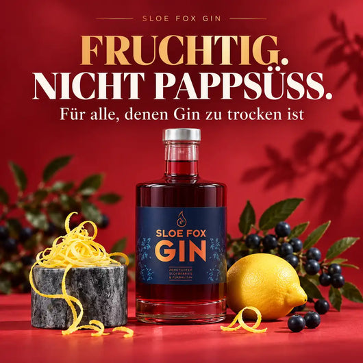Österreichischer Sloe Gin von Fuxbau mit fruchtig-herbem Geschmack, dunklen Schlehen und frischer Zitrone.