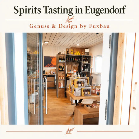 Blick in Genuss & Design by Fuxbau in Eugendorf bei Salzburg mit Spirituosenregalen und Geschenkesets – Veranstaltungsort für das Spirits Tasting.